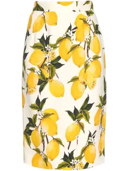 Kadın Limon Çiçek Baskılı Yüksek bel diz boyu krep kalem etek