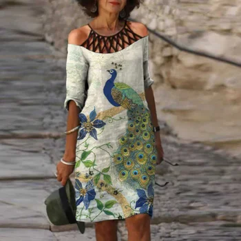 Yaz Kadın Elbise Moda Çiçek Baskı Gevşek Pamuk Keten İçi Boş Kadın Retro O Boyun Kapalı Omuz Yarım Kollu Elbiseler 2023 Yeni
