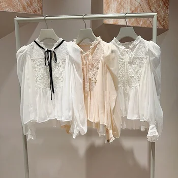 DUTRİEUX Japon Nakış Dantel Kadın Üstleri Fener Kollu Tatlı Lace Up Blusas Mujer 2023 Bahar Yeni Beyaz Taze Yumuşak Camisas