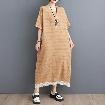Japon Tarzı Örme Patchwork Püskül Şık kızın Gevşek yaz elbisesi Ofis Bayan İş Elbisesi Moda Kadınlar Casual Midi Elbise