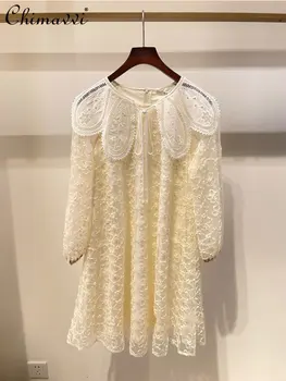 Fransız Şık İşlemeli Dantel Elbise Kadınlar için 2023 yaz elbisesi Yeni Moda Tatlı Gevşek Hollow-out Zarif Bebek Yaka Elbiseler