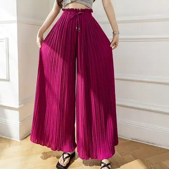2023 yaz yeni Yüksek Bel kadın pilili pantolon Kore Tarzı Kadın Düz Renk İpli Tasarım Ruffles hem Geniş Bacak Pantolon