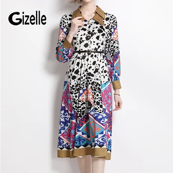 Gızelle 2023 Yeni Bahar Yaz Pist Maxi Elbiseler Kadınlar Uzun Kollu Yaka Zarif Gömlek Elbise Baskı Vintage Elbise Mujer Giyim