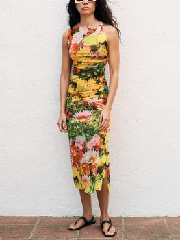 Moda Düğüm Omuz Vintage Çiçekler Baskı Tül Elbise Kadın Giyim 2023 Yuvarlak Boyun Kolsuz Yan Yarık Midi Bodycon Elbiseler