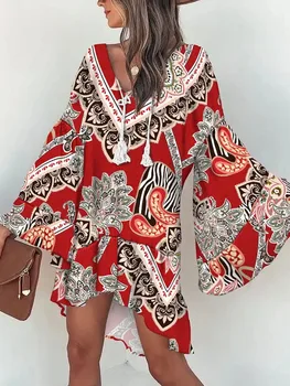 Kadın Moda Boho Elbise 2023 Yaz Yeni Vintage Baskı V Yaka Püskül Çan Kollu günlük elbiseler Kadınlar İçin Sonbahar Tatil Femme