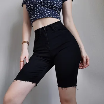 Sıska Beş noktalı Pantolon Kadın Elastik Yüksek Bel Yaz kısa kot pantolon Femme Trend Yıpranmış Çapak Rahat Siyah Kot kalem şort