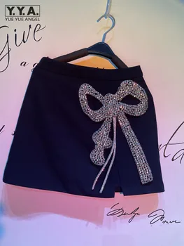 Moda Kadın Yaz Elmas İlmek Mini Etek Kristal Bahar Yüksek Bel mini etekler Bir Çizgi Bölünmüş Seksi Gece Clubwear Etek