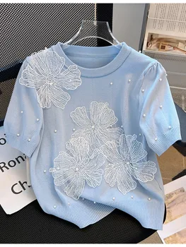Şık Yeni Kore Fransız Boncuk Triko kadın T - shirt Yaz Başında 2023 Çok Yönlü Tarzı Giyim Üst Örme Kısa Kollu Vestidos