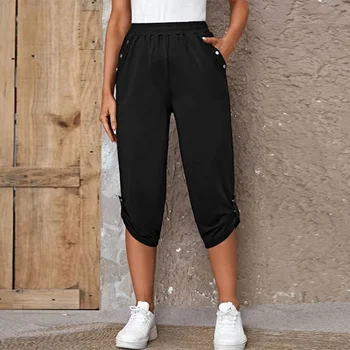 Kadın Moda kalem pantolon Rahat Yaz Düz Renk Düğmesi Elastik Bel Pantolon Kadın Tayt fitness pantolonları
