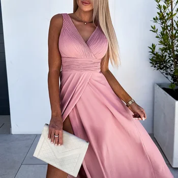 Kadın Moda Şal Yüksek Bel Hem uzun elbise Zarif Ofis Elbise 2023 Yaz Seksi V Yaka Kolsuz Pilili Bölünmüş Gece Elbisesi