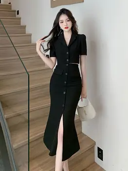 Kore moda elbise Ofis OL 2 Parça Set Kadın Çentikli Puf Kollu Kırpma Üst + Yüksek Bel Bodycon Bölünmüş Uzun Etek takım elbise
