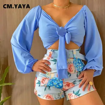 CM.YAYA Plaj Tatil kadın Eşofman Çiçek Yaprak Baskı Uzun Kollu Gömlek + Şort Eşleşen İki 2 Parça Set Eşofman Kemer