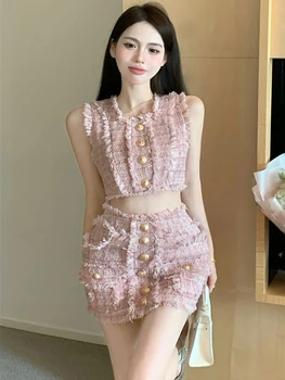 Küçük Koku Moda Kore Yaz Kadın Püsküller Tüvit 2 Parça Set Kadın Yelek Kırpma Üst + Seksi Bodycon Mini Etek Takım Elbise