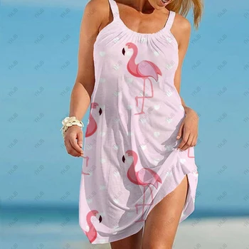 Vestidos Flamingo Baskı Kız Midi Elbise Kadınlar Bohemian Plaj Elbiseleri Parti Bayan Elbise Kadın Giysileri Diz Seksi Bayan Kaşkorse