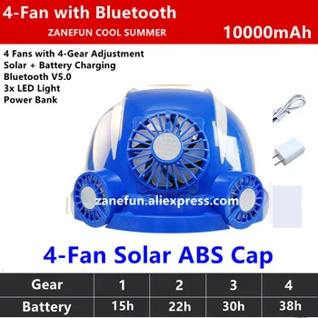 4 Fanlı Güneş ABS Sert Kapaklı Bluetooth led ışık 10000mAh Güç Bankası Güneş Sert Kapaklı Sert Dört Fanlı Çalışma Kaskı 4 Fanlı