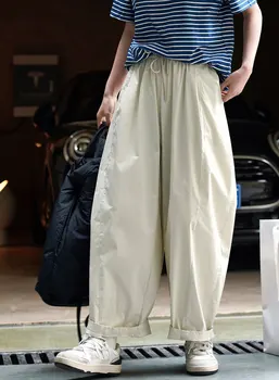 Yaz kadın rahat düz renk yüksek bel gevşek geniş bacak pantolon