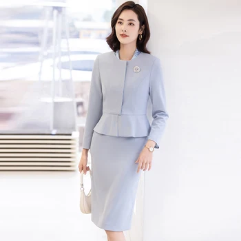 Yaz Moda Blazer Kadın iş elbisesi Etek ve Ceket Seti Mavi Üstleri Ofis Bayanlar Çalışma Güzellik Salonu Üniforma OL Stilleri