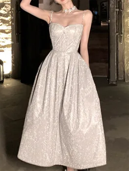 Spagetti kemerli elbise Vintage Kadınlar Yaz 2023 Yeni Zarif Seksi Kolsuz Balo Akşam Parti Kadın Moda Vestidos Giyim
