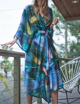 2023 Çabuk kuruyan Yeşil Bohemian Baskı Kimono Şal Elbise Artı Boyutu Kadın Yaz Plaj Kıyafeti Tunik Zarif Tam Kollu Elbise N942