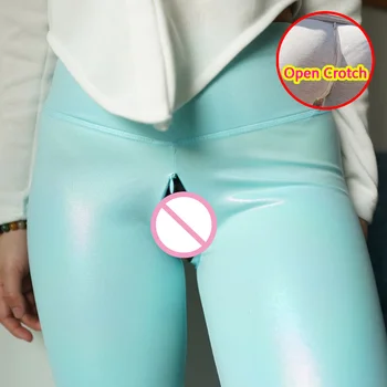 Kadın Açık Kasık Seksi Deri Tayt Gizli Fermuarlar Crotchless PU Külot Gotik Çift Açık Seks Lateks Pantolon Pantolon