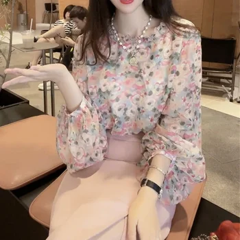Avrupa istasyonu tasarım bluz çok yönlülük çiçek o boyun şifon gömlek kadın bahar egzotik şık uzun kollu bluz kadın üst