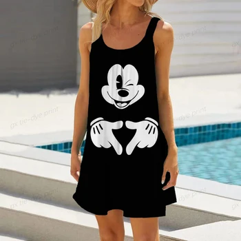 Yaz Disney Mickey Mouse Mini Plaj Elbise Kadın Moda Seksi Kolsuz Sevimli Karikatür Baskı Hem Gevşek Plaj Elbise Tatil