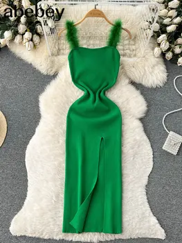 2023 Yeşil Yaz Örgü Seksi kemerli elbise Kadın Elastik Bel Bodycon Sundress Kadın Plaj Bölünmüş Backless uzun elbise