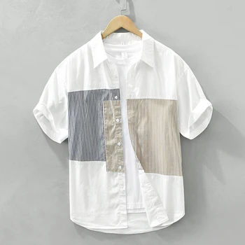 Şerit Ekleme Kısa Kollu gömlek Erkekler için Saf Pamuk Moda turn-aşağı Yaka Üstleri 2023 Yaz Yeni