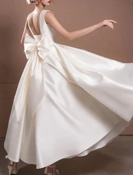 Zarif Küçük Beyaz kısa düğün elbisesi Kare Boyun Sapanlar Ayak Bileği Uzunluğu Saten Yay İle Gelin Törenlerinde Vestido De Noiva