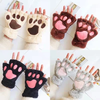 Lolita sevimli karikatür kedi kız parmaksız kedi pençe sıcak eldiven kalın kabarık ayı pençe yarım parmak eldiven cosplay