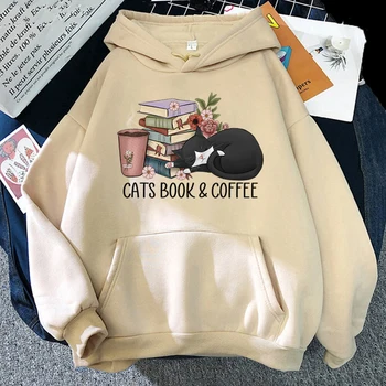 Kitaplar Sevgilisi Hoodies Kadın Karikatür Hayvan Kazak Vintage Kediler Kitap ve Kahve Y2k Giysileri 2000s Kitaplar Sevgilisi Kadın Tişörtü