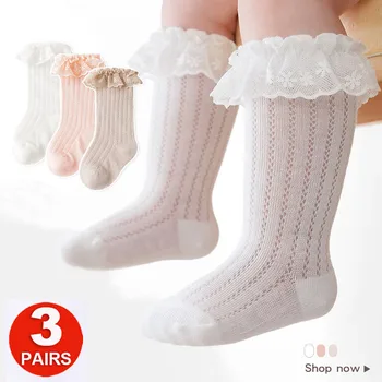 3 PAİRS Bebek Kız Yenidoğan Dantel Fırfır Fırfırlı Diz üstü pamuklu çorap Yaz Örgü Ince Nefes Prenses Çorap Lot