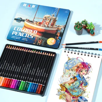 H & B Renkli Kalem 12/24 adet Set Suda çözünür Yüksek Kaliteli Demir Kutu Paketi Yazma veya Çizim Renkli Kurşun boyama seti