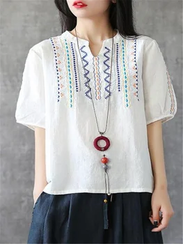 Basit Nakış Bluzlar Sanat Gömlek Kadınlar İçin V Boyun pamuklu bluz Yaz Blusas Retro Kısa Kollu Kazak OL Eğlence Kadın Gömlek