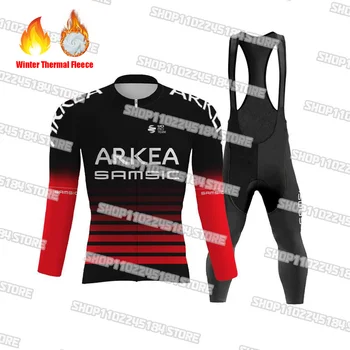 2023 Arkea Samic Siyah Kırmızı Şerit Bisiklet Jersey Seti Kış Termal Polar Off Road Bisiklet Giyim Yol Bisikleti Jersey