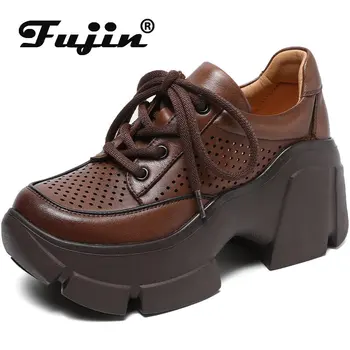 Fujin 7 cm Hakiki Deri Nefes Ayakkabı Platformu Süper Kalın Hollow Sneakers Kadınlar Lace Up Moda Yaz günlük mokasen ayakkabı
