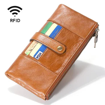 Yeni Gelenler RFID Hakiki Deri uzun cüzdan Erkek Kadın Bifold Fermuar El Cüzdan Kart Nakit bozuk para cüzdanı Gerçek Inek Derisi Cüzdan