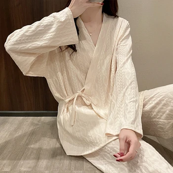 Japon Tarzı Bahar Düz Renk Saf Pamuk Kimono Pijama V Yaka Baskı Artı Boyutu Uzun Kollu Loungewear Kadınlar 2 adet Sleepw