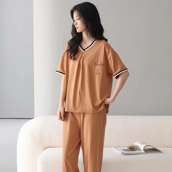 Kadın Pijama Seti Yaz Modal V Yaka Pijama Kısa Üstleri + Uzun Pantolon İki Adet Set Bayan Pijama Kadın Kıyafeti