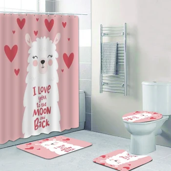 Karikatür Pembe seni Seviyorum Ay ve Arka lama Banyo Duş perde seti Çocuk Tuvalet Hayvan Tembellik Banyo Halıları Ev Dekor