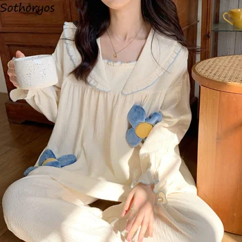 Pijama Setleri Kadın Kawaii Japon Tarzı Rahat Kız Öğrenci Güzel Yumuşak Pijama Uzun Kollu Moda Sevimli Bayanlar Gecelik Sonbahar