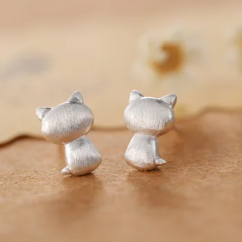 Gerçek 100 %925 Ayar Gümüş kedi Saplama Küpe Kadınlar Kızlar için Moda ayar-gümüş-takı brincos brinco