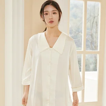 2023 Yeni Pijama kadın Yaz İnce Buz İpek Pijama Fransız Yaka Beyaz Moda Düğme Pijama İlkbahar Ve Sonbahar Orta uzunlukta