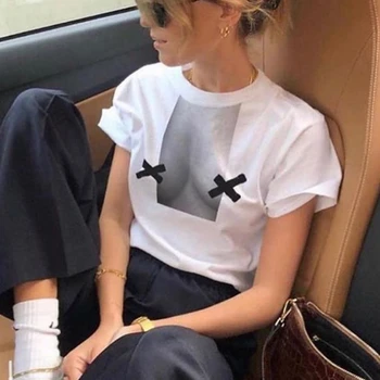 Rahat Grafik Baskı T-shirt Beyaz Kısa Kollu sıfır yaka bluzlar Gevşek Tee Harajuku Y2k Streetwear 2023 Şık Yaz Kadın Giyim