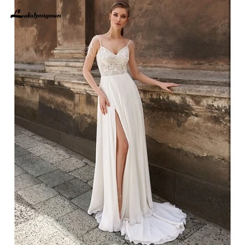 Lakshmigown Bohemian düğün elbisesi A-line Yumuşak Dantel Ve Şifon Yan Yarık Spagetti Kayışı Boho Ucuz Basit gelinlikler