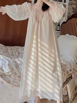 Kadın Örgü Ruffles Vintage Nightgowns Robe Nightie Lolita Peri Uzun Gecelik Victoria Romantik Vintage Prenses Pijama