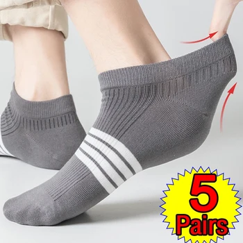 5Pairs Erkek Yaz İnce Polyester Tekne Çorap Spor Ter Emici Nefes Rahat İki Bar Kısa Tüp Çorap Çizgili Basit