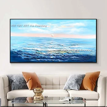 100 % El Boyalı Yağlıboya Tuval Üzerine Mavi Okyanus Duvar Sanat Posterleri Resimleri El Yapımı Tuval Boyama Ev duvar dekorasyonu İçin