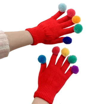Örme tam parmak eldiven komik renkli Ponpon parmak ucu Cosplay parti eldivenler