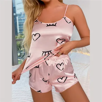 Seksi Çiçek Pijama Seti kadın 2 Adet Pijama Pijama İpek Saten Cami Üst ve Şort Pijama Kadınlar için Aşk Kolsuz Yaz